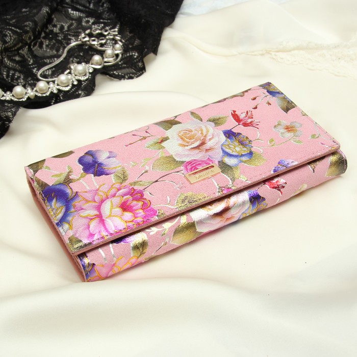 Кошелёк женский, 2 отдела рамка, 3 отдела, для карт, для монет, наружный карман, цвет розовый