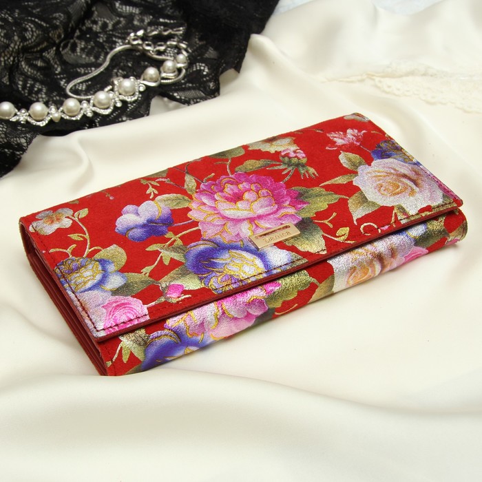 Кошелёк женский, 2 отдела рамка, 3 отдела, для карт, для монет, наружный карман, цвет красный