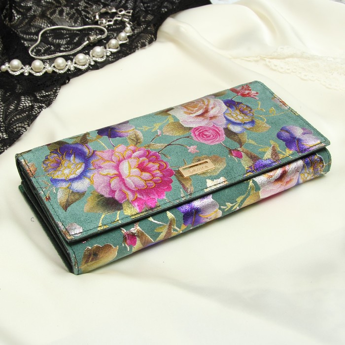 Кошелёк женский, 2 отдела рамка, 3 отдела, для карт, для монет, цвет зелёный