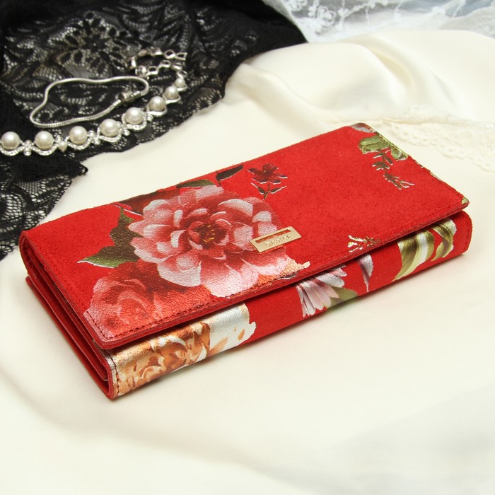 Кошелёк женский, 2 отдела рамка, 3 отдела, для карт, для монет, наружный карман, цвет красный