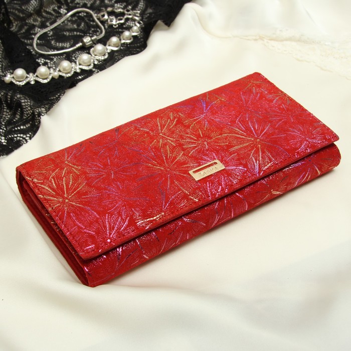 Кошелёк женский, 2 отдела рамка, 3 отдела, для карт, для монет, наружный карман, цвет красный