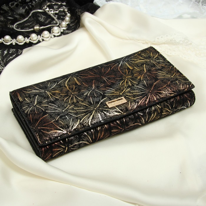 Кошелёк женский, 2 отдела рамка, 3 отдела, для карт, для монет, цвет золотой/чёрный