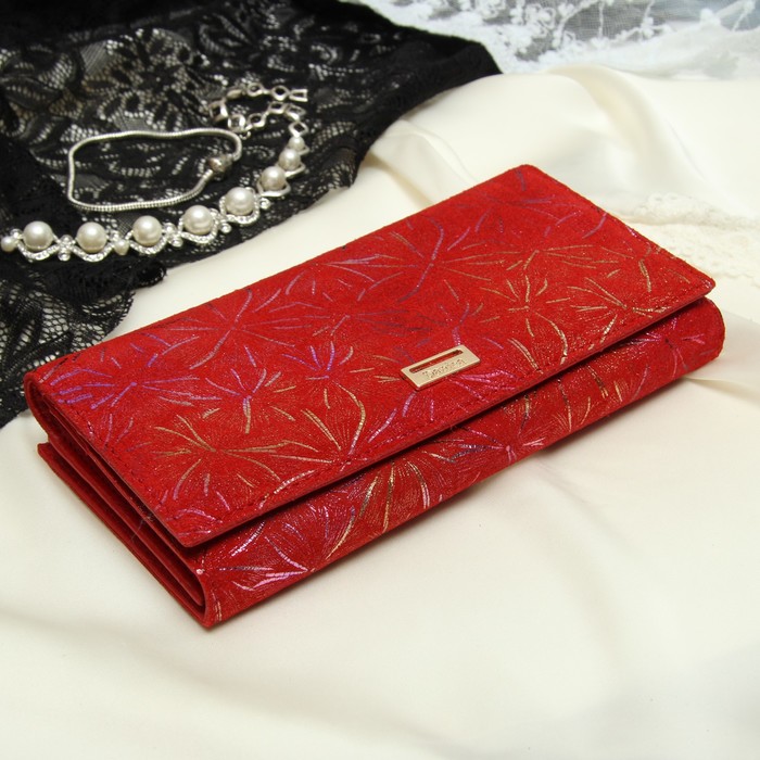 Кошелёк женский, 2 отдела рамка, 3 отдела, для карт, для монет, цвет красный