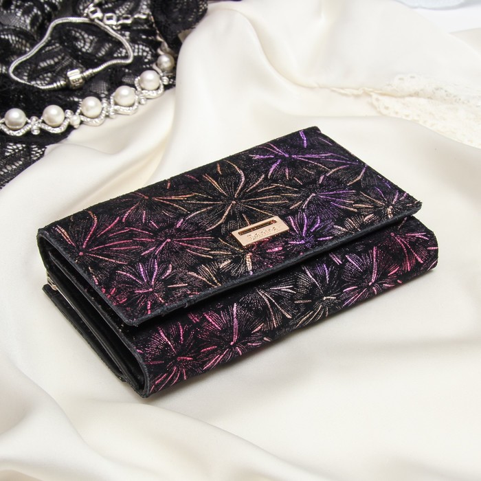 Кошелёк женский, отдел рамка, 3 отдела, для карт, для монет, цвет розовый/чёрный