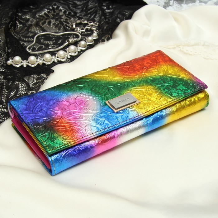Кошелёк женский, 2 отдела рамка, 3 отдела, для карт, для монет, наружный карман, цвет радужный