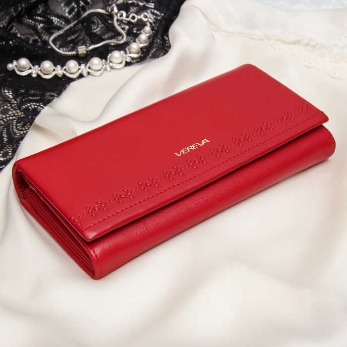 Кошелёк женский, 2 отдела рамка, 3 отдела, для карт, для монет, наружный карман, цвет красный