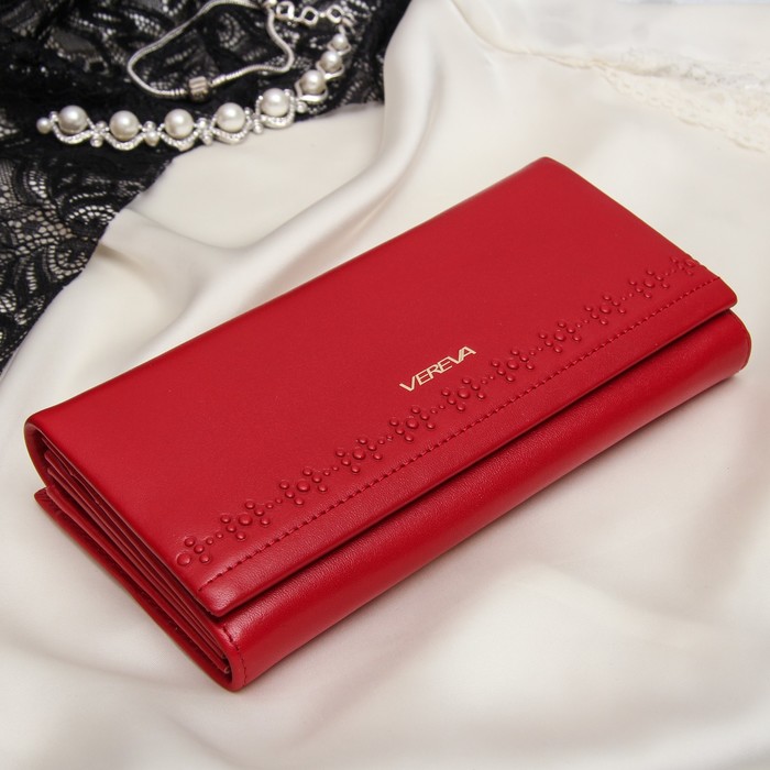 Кошелёк женский, 2 отдела рамка, 3 отдела, для карт, для монет, цвет красный