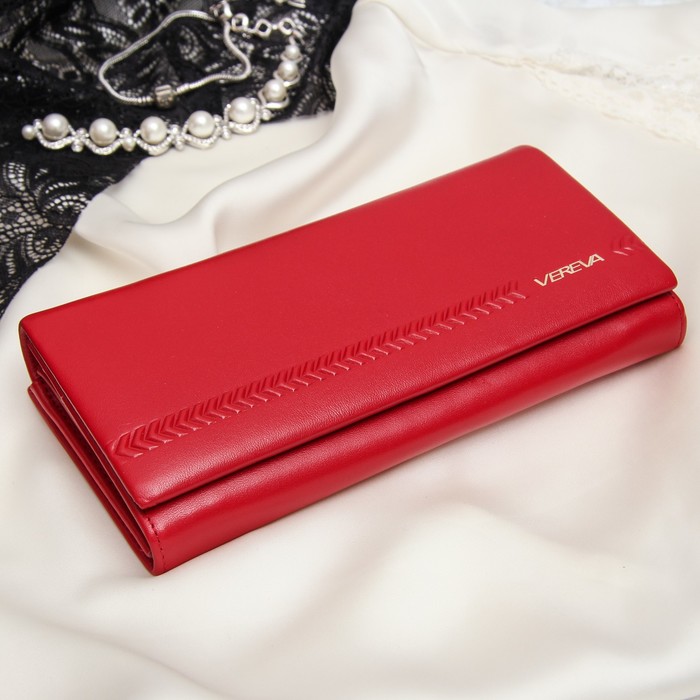 Кошелёк женский, 2 отдела рамка, 3 отдела, для карт, для монет, цвет красный