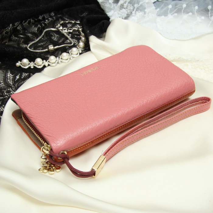 Кошелёк женский, 3 отдела, для карт, для монет, наружный карман, с ручкой, цвет пудровый