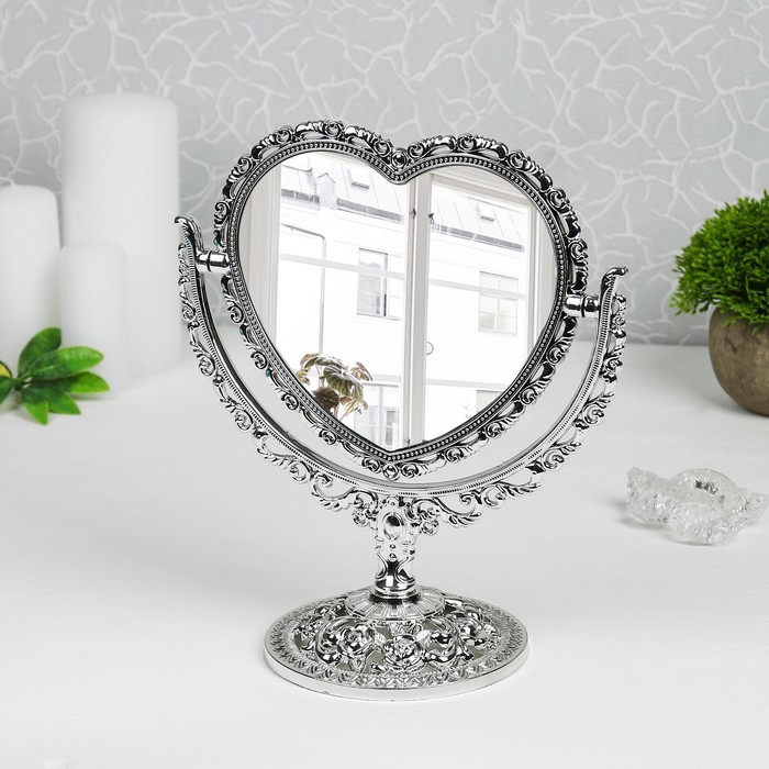 Зеркало на ножке «Ажур», в форме сердца, двустороннее, с двукратным увеличением, цвет серебристый