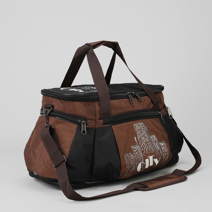 Сумка дорожная, с расширением, отдел на молнии, 4 наружных кармана, регулируемый ремень, цвет чёрный/коричневый