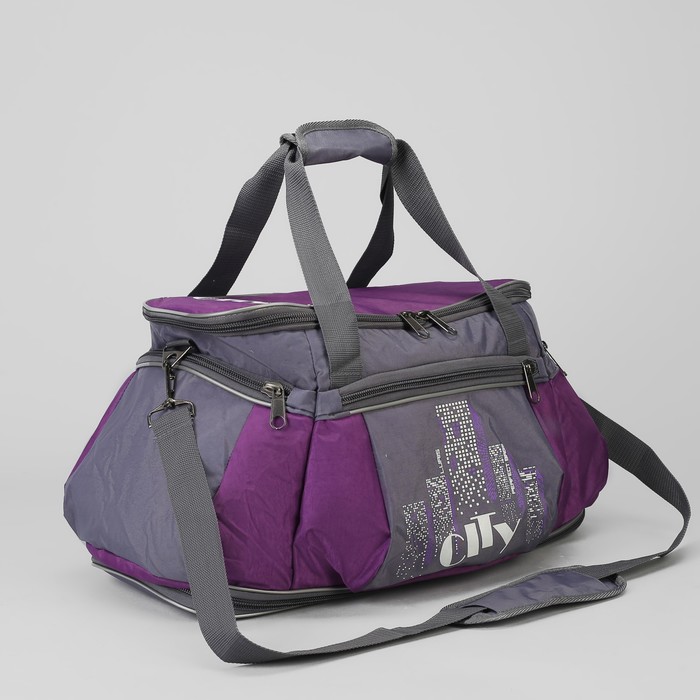 Сумка дорожная, с расширением, отдел на молнии, 4 наружных кармана, регулируемый ремень, цвет сиреневый/серый