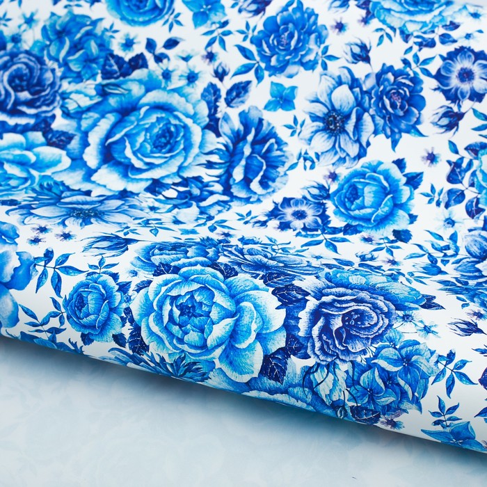 Бумага упаковочная глянцевая"Цветы в стиле гжель", 70х100 см