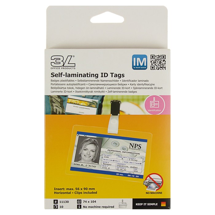 Бейдж горизонтальный самоламинирующийся 104*74 мм, 3L, комплект 10 штук, зажим 11130