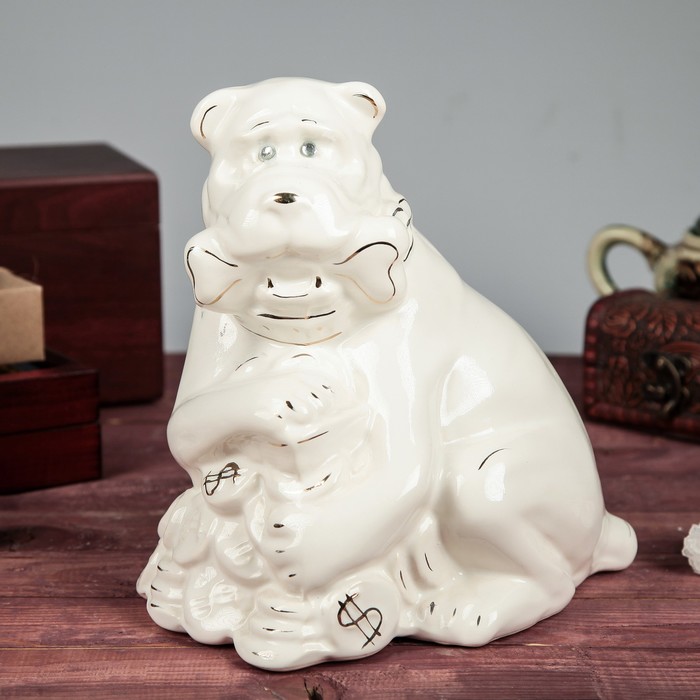 Копилка "Собака на монетах",  глянец белый