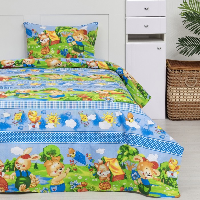 Постельное бельё "Экономь и Я" 1,5 сп. Поход цвет Синий 145х210 ± 5 см, 150х210 ± 5 см, 50х70 ± 5 см, бязь 120 гр/м²