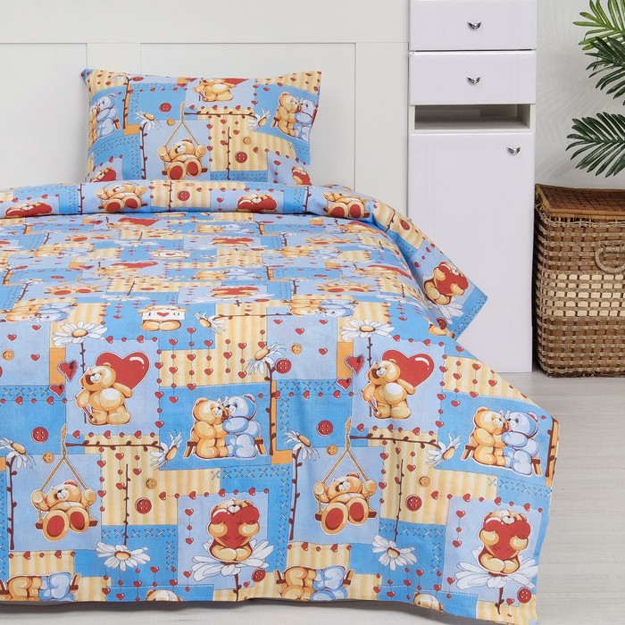 Постельное бельё "Экономь и Я" 1,5 сп. Мишки голубые 145х210 ± 5 см, 150х210 ± 5 см, 50х70 ± 5 см, бязь120гр/м²