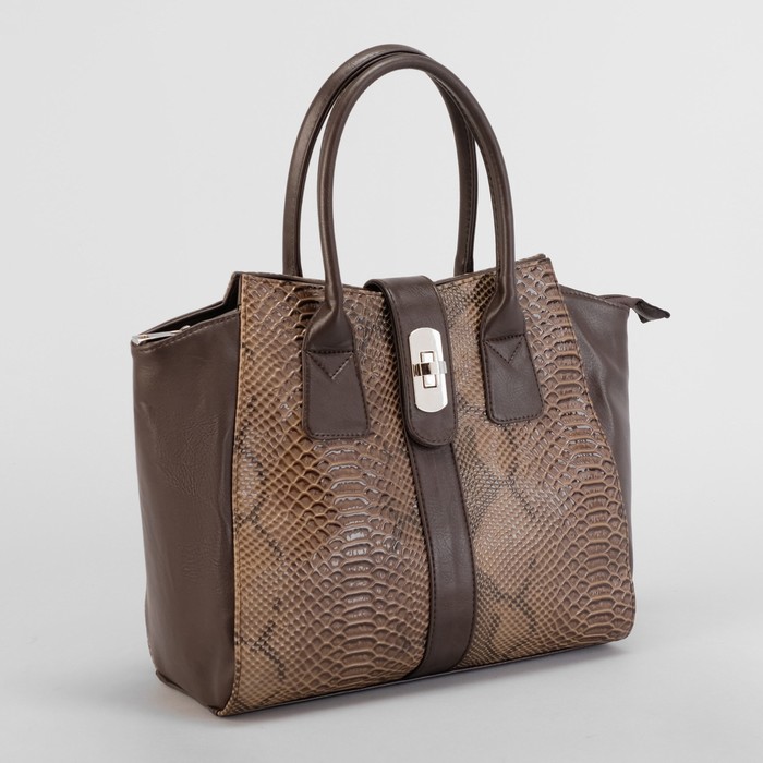 Сумка женская, отдел на молнии, наружный карман, змея, цвет тёмно-бежевый/коричневый