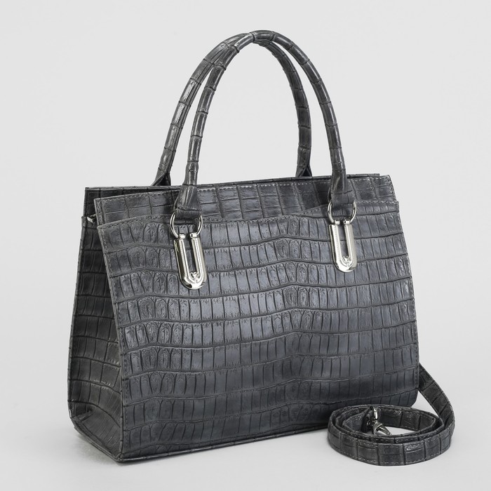 Сумка женская, 1 отдел с перегородкой на молнии, наружный карман, длинный ремень, цвет серый