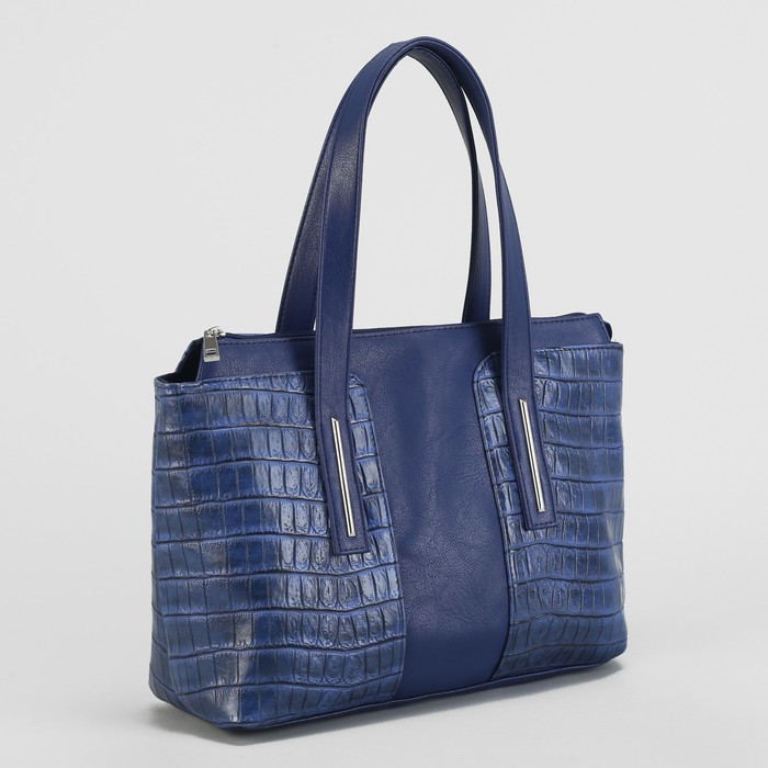 Сумка женская, отдел на молнии, наружный карман, крокодил, цвет синий