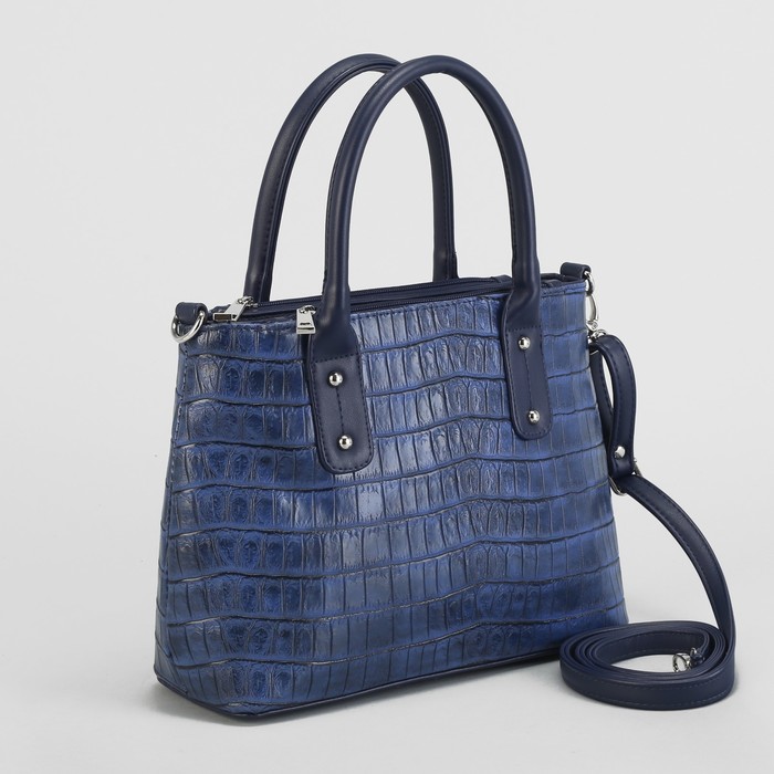 Сумка женская, 3 отдела на молниях, наружный карман, крокодил, цвет синий