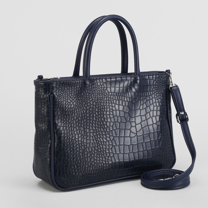 Сумка женская, 1 отдел на молнии, наружный карман, длинный ремень, крокодил синий