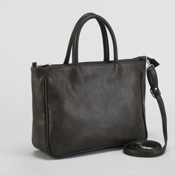 Сумка женская, 1 отдел на молнии, наружный карман, длинный ремень, змея, цвет серо-коричневый