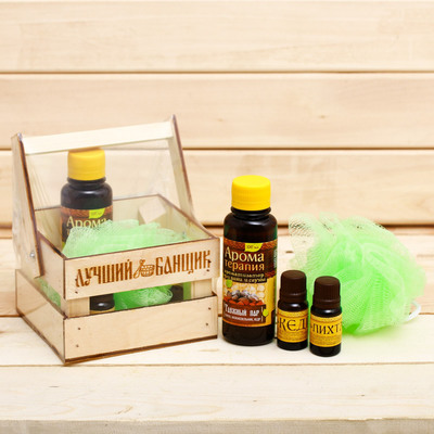 Банный набор в ящике "Лучший банщик": 2 аромамасла, ароматизатор, мочалка