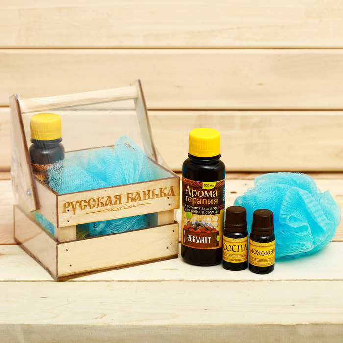 Банный набор в ящике "Деревенская банька": 2 аромамасла, ароматизатор, мочалка