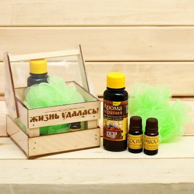 Банный набор в ящике "Жизнь удалась": 2 аромамасла, ароматизатор, мочалка