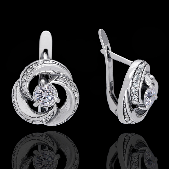 Серьги "Фонтан", цвет белый в чернёном серебре