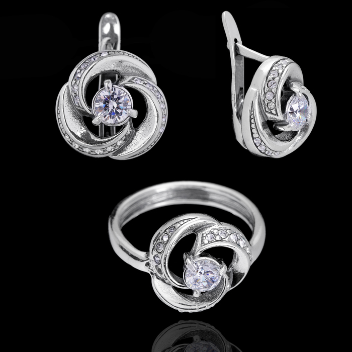 Гарнитур 2 предмета: серьги, кольцо "Фонтан", размер 18, цвет белый в чернёном серебре
