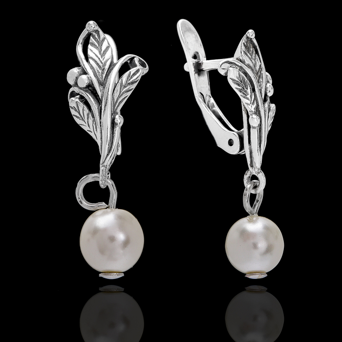 Серьги "Жемчужные 12", цвет белый в чернёном серебре