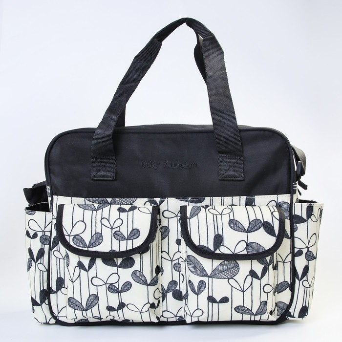 Сумка для мамы и малыша, с ковриком для пеленания и чехлом для бутылочки, цвет чёрный, рисунок листики