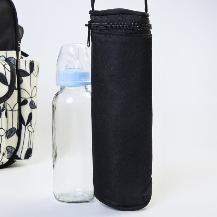 Сумка для мамы и малыша, с ковриком для пеленания и чехлом для бутылочки, цвет чёрный, рисунок листики