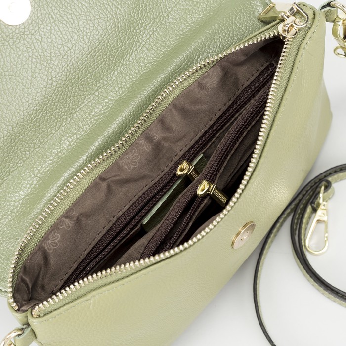 Сумка женская, отдел с перегородкой на молнии, наружный карман, ручка, длинный ремень, цвет зелёный