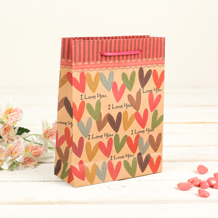 Пакет крафт "Сердечки", 15 х 6 х 20 см