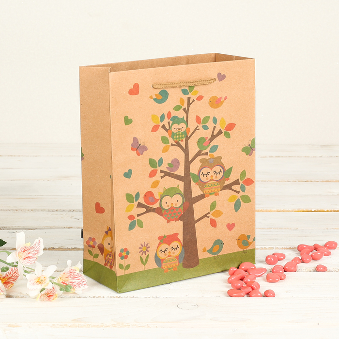 Пакет крафт "Птицы", 19 х 8 х 24 см