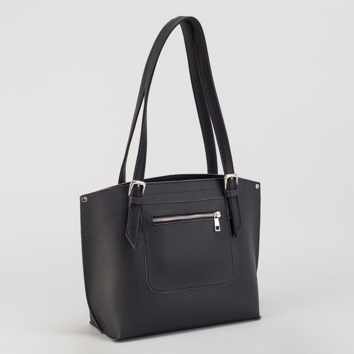 Сумка женская, с косметичкой, отдел на молнии, наружный карман, длинный ремень, цвет чёрный