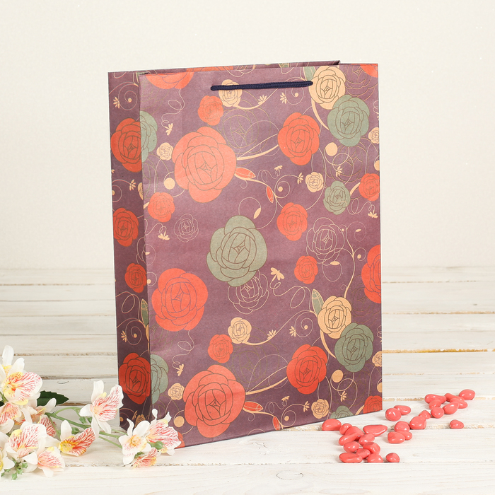 Пакет крафт "Цветочные узоры", 24 х 8 х 33 см