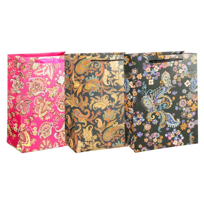 Пакет подарочный "Золотые цветы", люкс, МИКС, 26 х 14 х 32 см