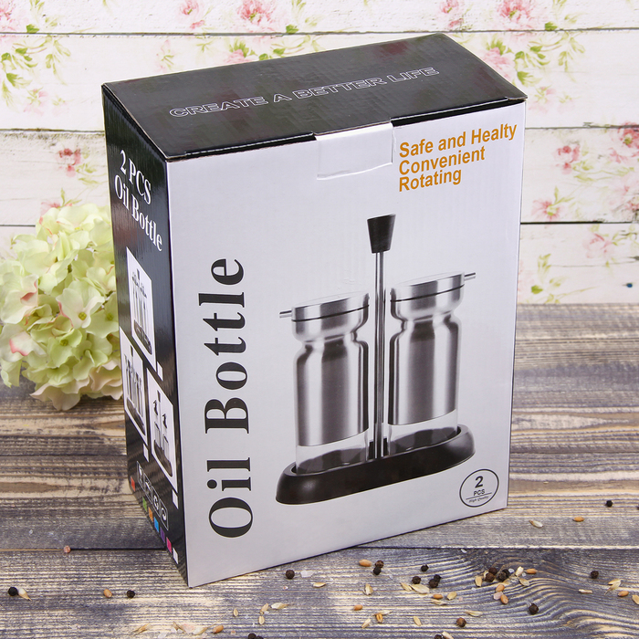 Набор бутылей для соуса и масла 370 мл "Модерн", 2 шт, на подставке, цвет коричнево-белый