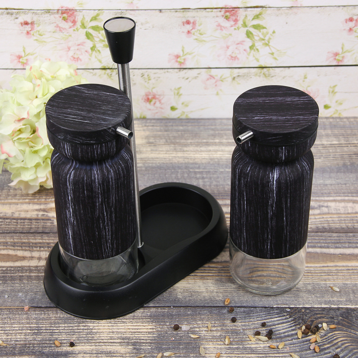 Набор бутылей для соуса и масла 370 мл "Модерн", 2 шт, на подставке, цвет черный