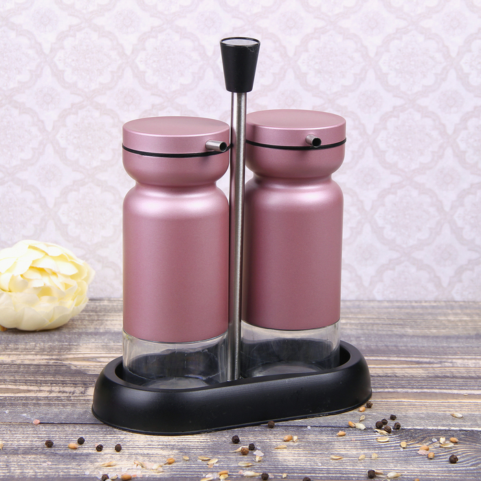 Набор бутылей для соуса и масла 370 мл "Модерн", 2 шт, на подставке, цвет розовый