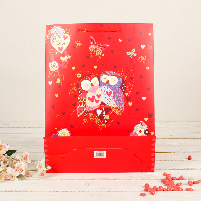 Пакет подарочный "Совушки", люкс, МИКС, 31 х 12 х 42 см