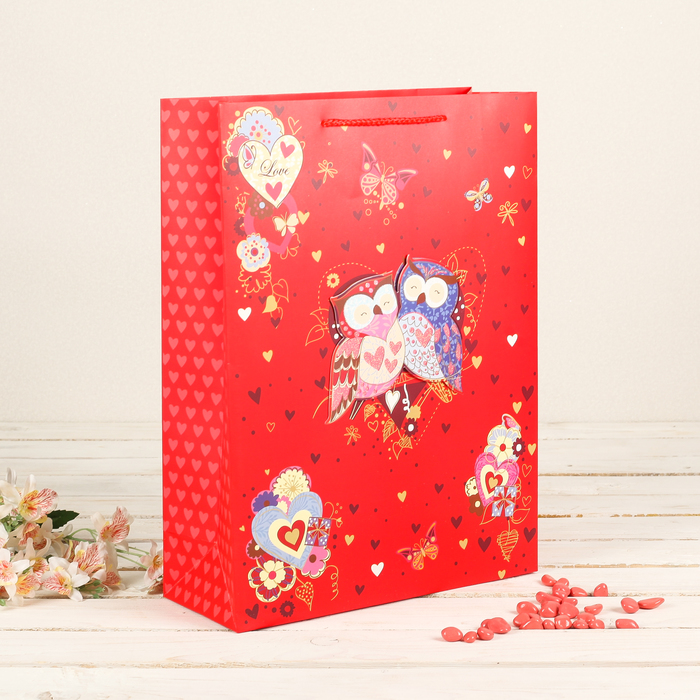 Пакет подарочный "Совушки", люкс, МИКС, 31 х 12 х 42 см