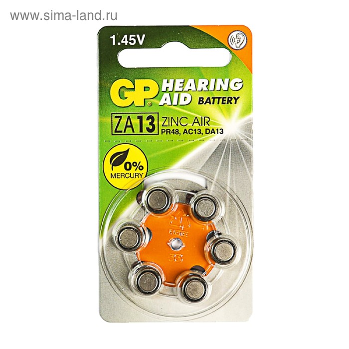 Батарейка цинковая GP, ZA13 (PR48)-6BL, для слуховых аппаратов, 1.45В, блистер, 6 шт. батарейка цинковая gp za13 pr48 6bl для слуховых аппаратов 1 45в блистер 6 шт