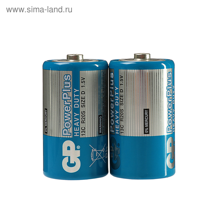 цена Батарейка солевая GP PowerPlus Heavy Duty, D, R20-2S, 1.5В, спайка, 2 шт.