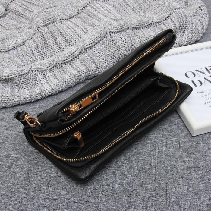 Клатч женский, 2 отдела на молниях, с ручкой, цвет чёрный