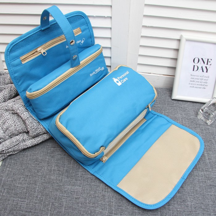 Набор косметичек 3 в 1 "Путешествие", отдел с карманами на молниях, ручка, цвет голубой